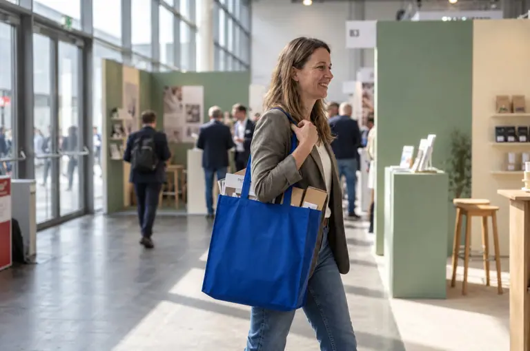 Trade fair visitors with printed non-woven bags