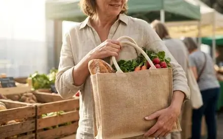Jute bag with fresh food outdoors