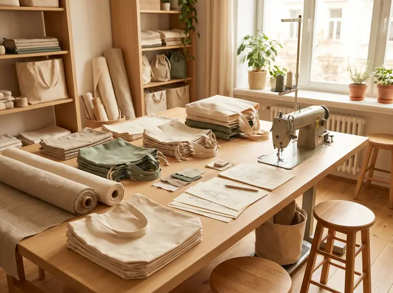Studio with fabrics, a sewing machine and bag samples