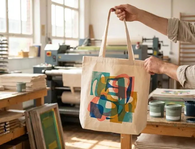 Printed cotton bag with a colourful design in the print shop