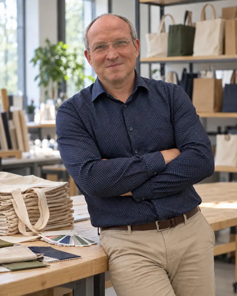 Guido Kalle, founder and managing director of ShopyBag, in the studio with fabric samples and cotton bags