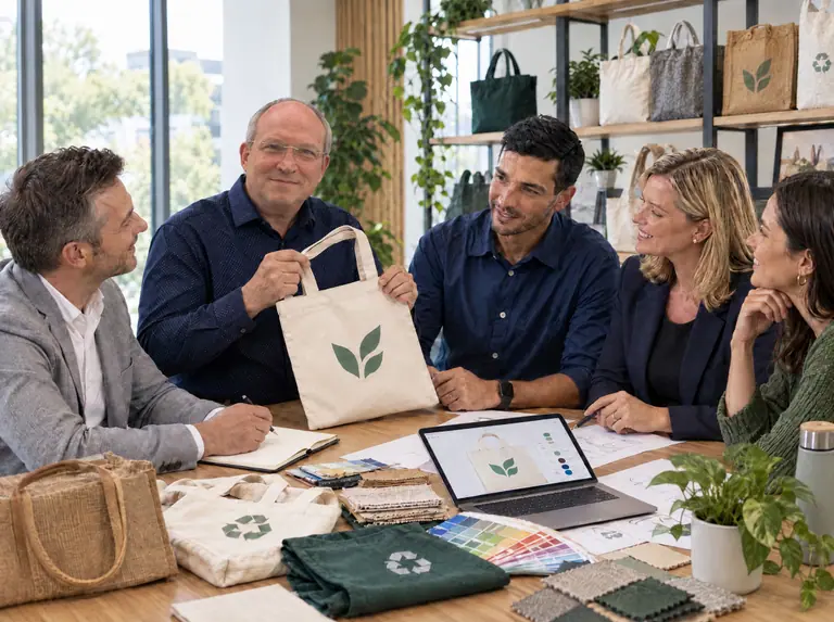 Gründer Guido Kalle und das ShopyBag-Team entwickeln mit zwei Kunden eine individuelle Werbetasche – mit Materialmustern, Farbfächer und Entwürfen
