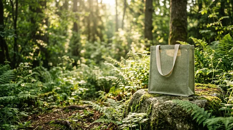 ShopyBag jute bag resting on a mossy stone in the forest