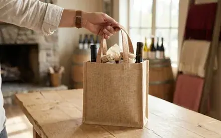 Jute bag with wine bottles and fine foods