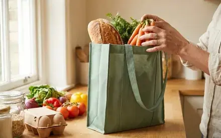 Non-woven shopper with bottom gusset during a grocery shop