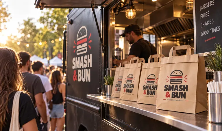 Bedruckte Burger-Papiertüten auf der Theke eines Foodtrucks bei einem Streetfood-Festival