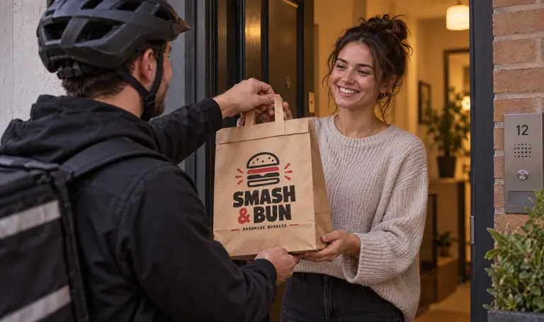 Kurier übergibt eine bedruckte Burger-Papiertüte an der Haustür