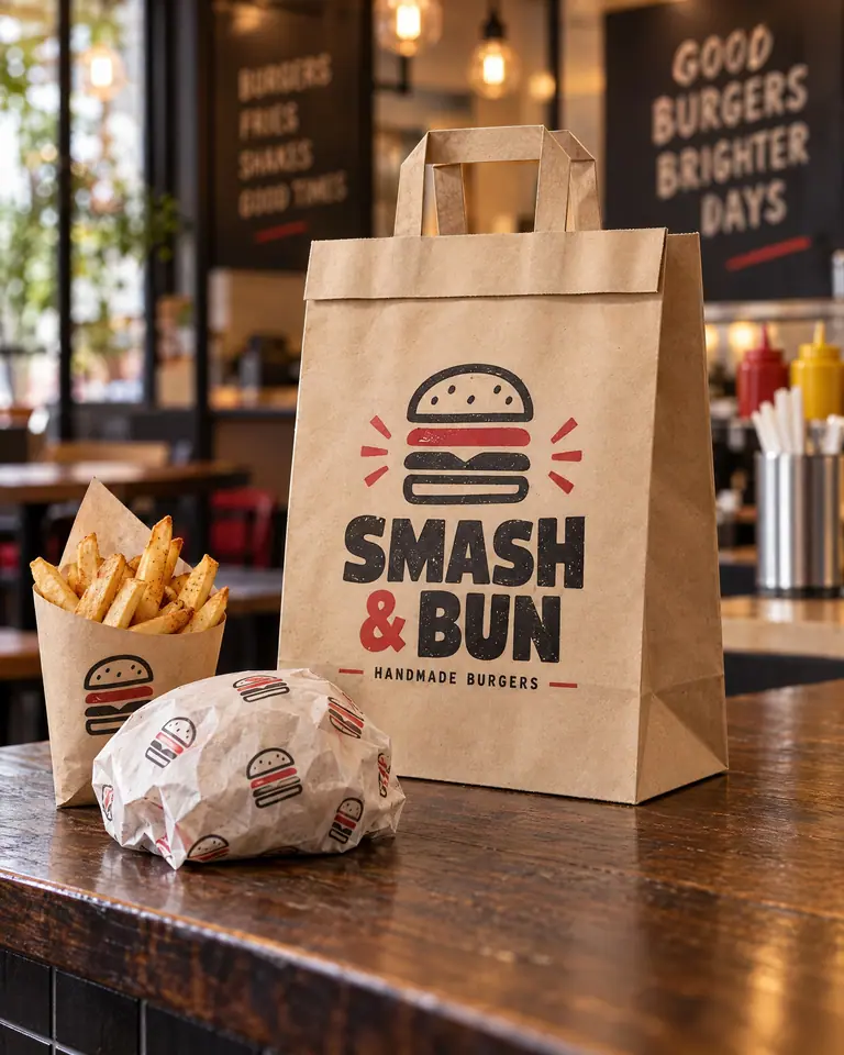 Printed kraft paper bag from a burger restaurant with flat handles on the counter