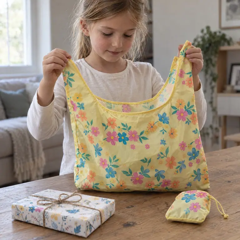 Mädchen hält eine faltbare Einkaufstasche aus Polyester mit Blumenmuster und dazugehöriger Falttasche