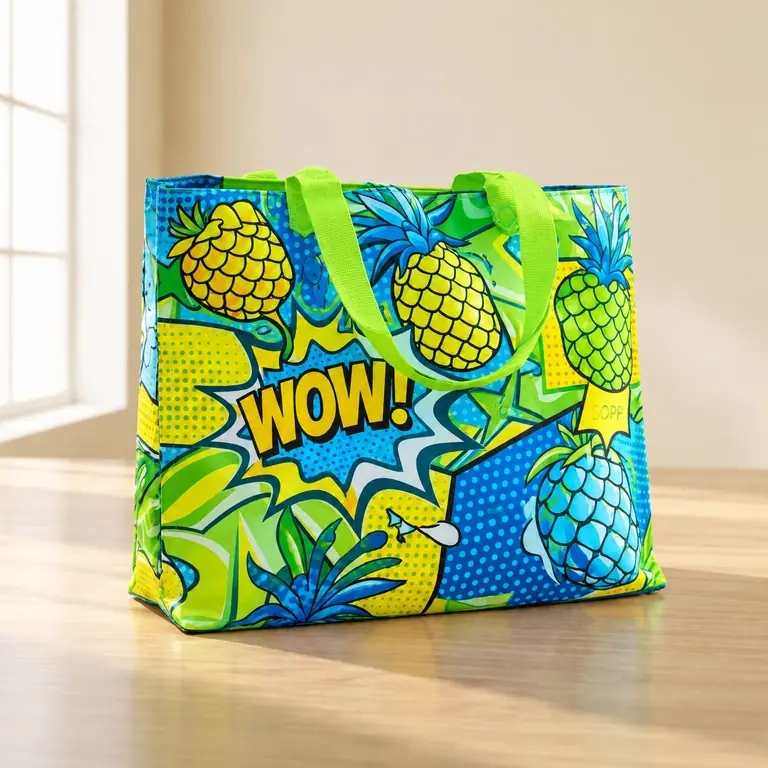Bunte laminierte PP Woven Tasche mit Ananas-Pop-Art-Druck auf einem Holztisch