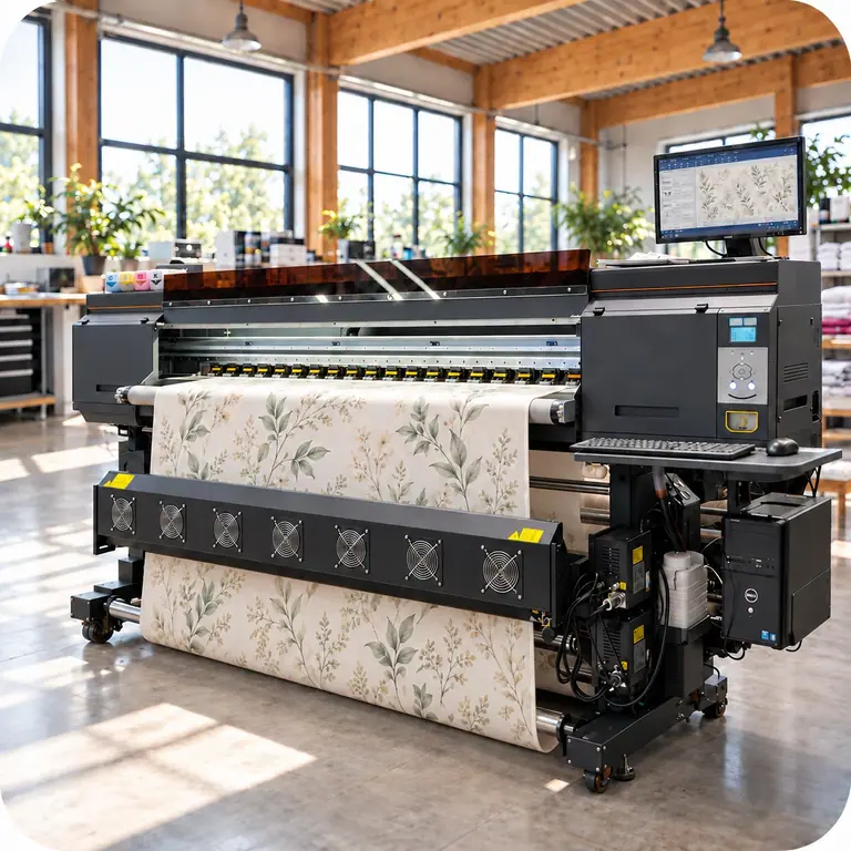Großformat-Digitaldrucker druckt ein florales Motiv auf Stoffbahn