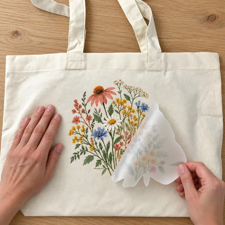 Transfer film being peeled from a printed wildflower design on a cotton bag