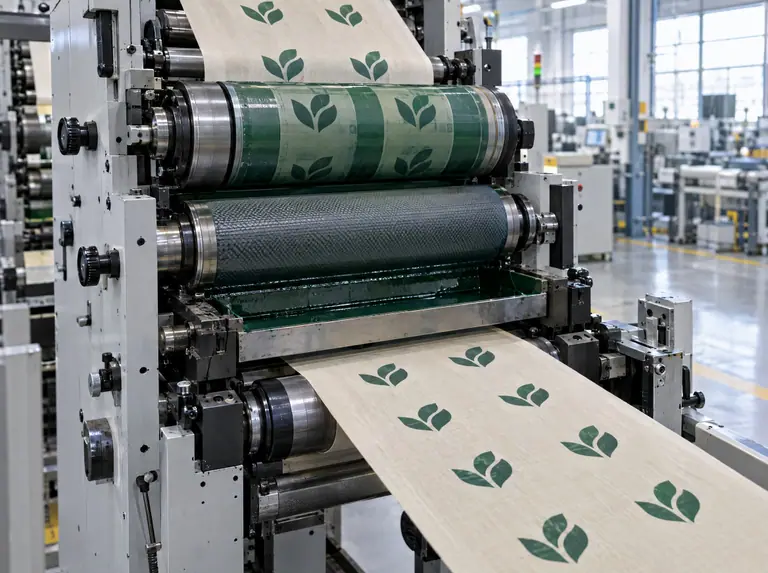 Flexodruckmaschine druckt ein grünes Blattmotiv auf eine Non-Woven-Stoffbahn