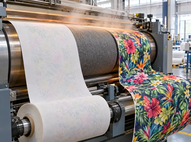 Sublimation calender transferring a tropical floral design from transfer paper onto polyester fabric