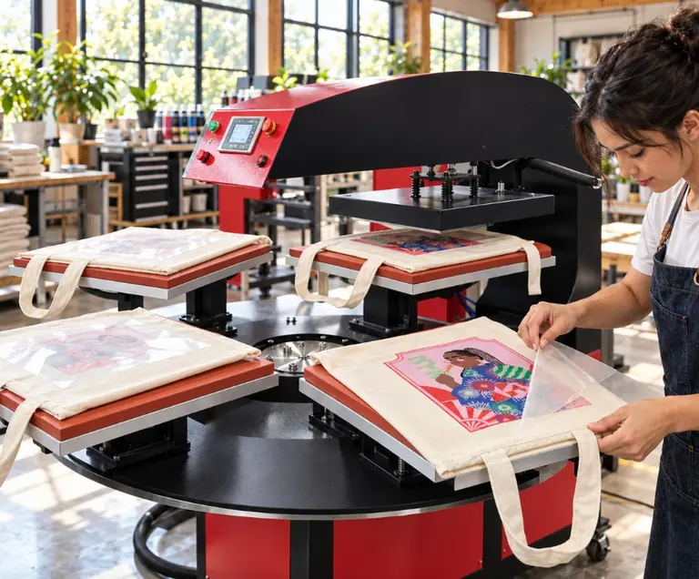 Employee placing printed cotton bags on a carousel transfer press