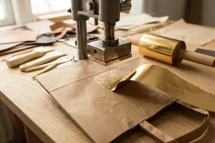 Heißfolienprägung in Gold auf einer Kraftpapiertasche