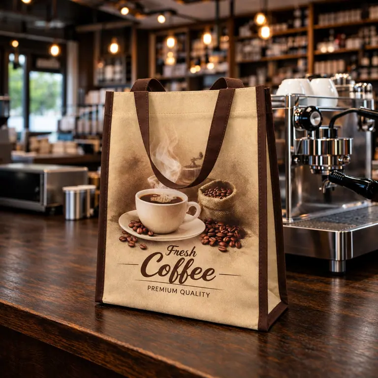 RPET Tasche in Kraftpapier-Optik mit braunen Flachhenkeln und Kaffee-Motiv in einem Café