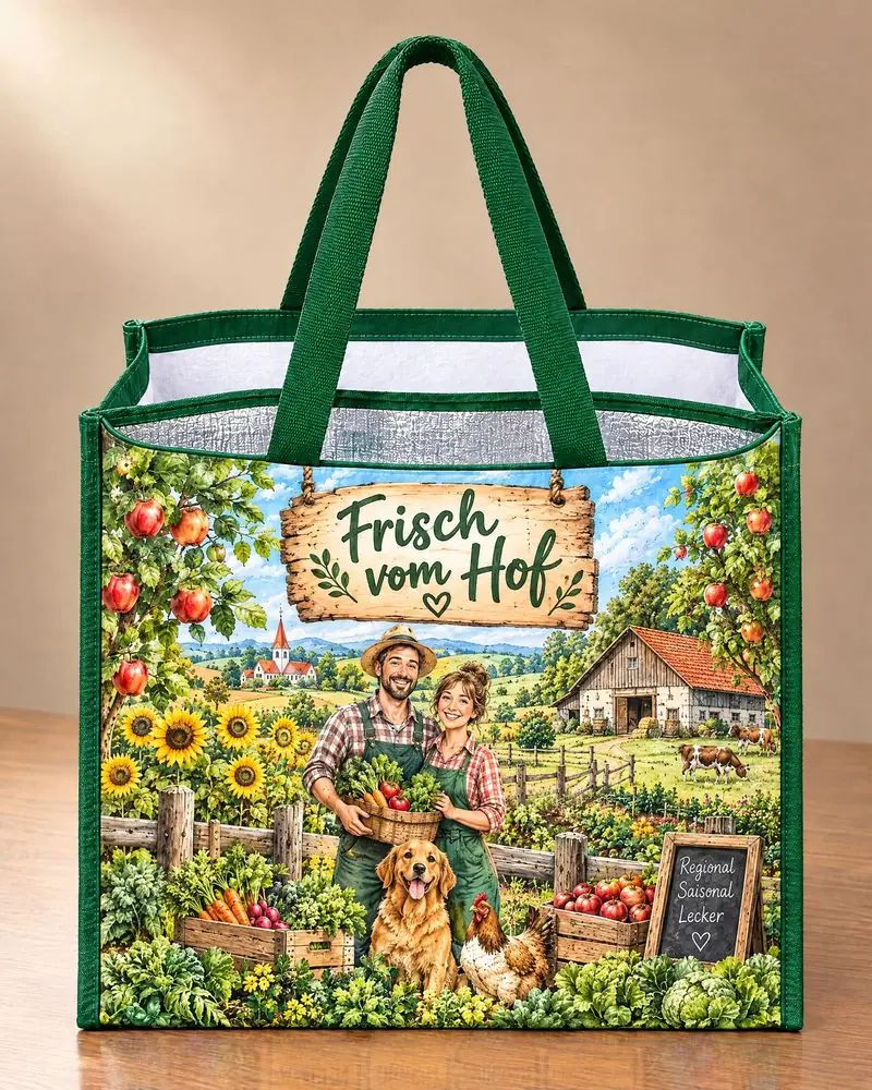 Designidee für Bio- und Hofläden: illustrierte Hoflandschaft mit Schild „Frisch vom Hof“