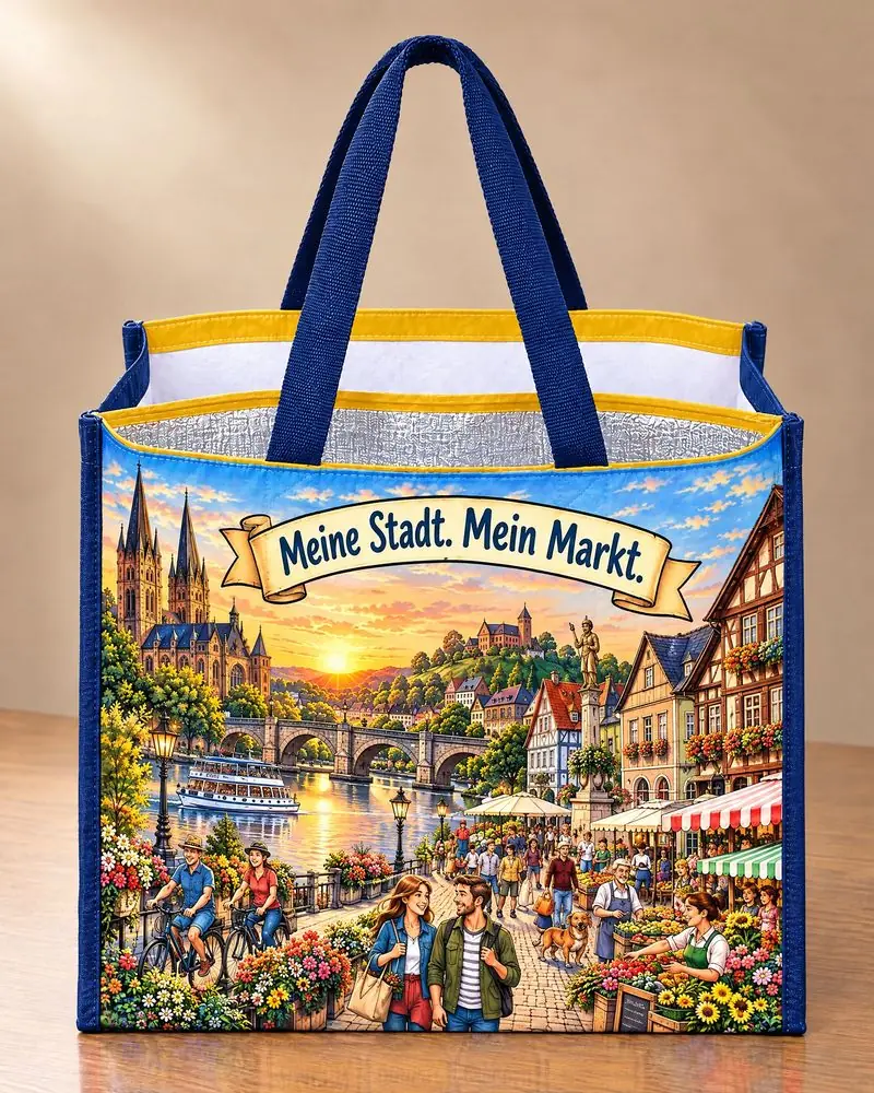Designidee für Stadtmarketing und Tourismus: illustriertes Altstadtpanorama am Fluss