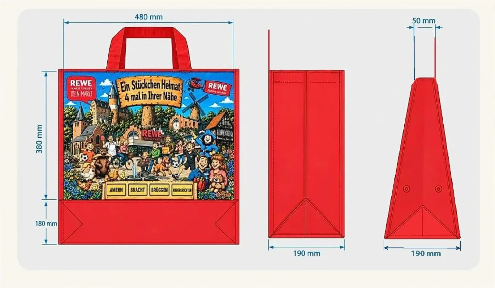 Maßskizze der CityShopper: Front 480 × 380 mm mit Henkeln, Boden 180 mm, Seitenfalte 190 mm, oben 50 mm