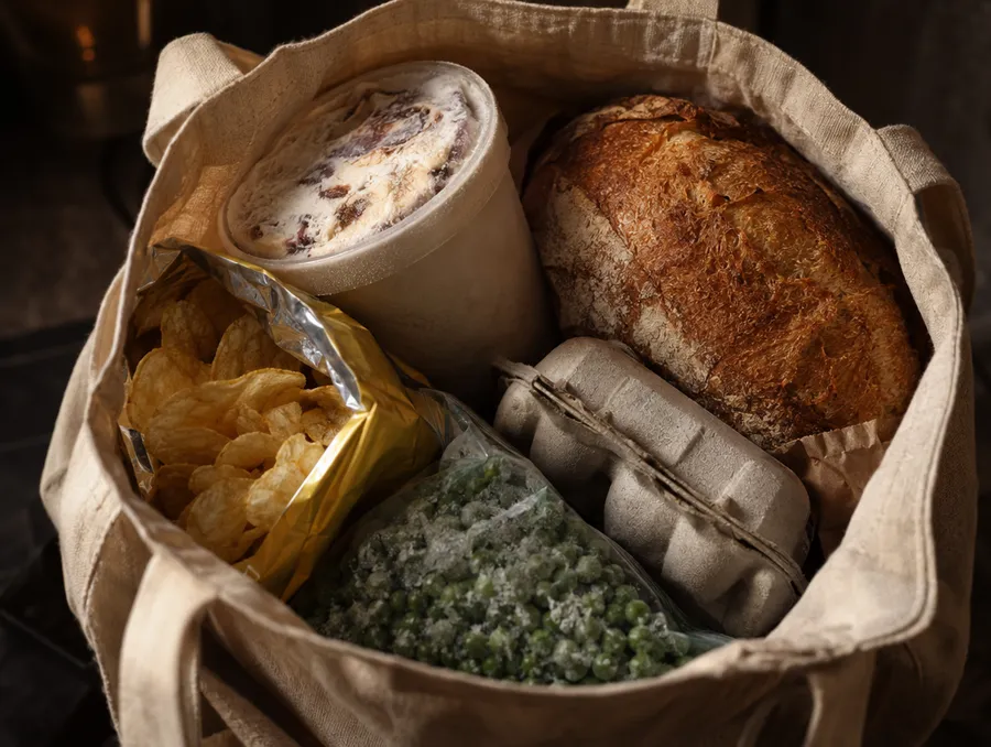 Tiefkühlbecher neben Brot und Snacks in einer einfachen Stofftasche